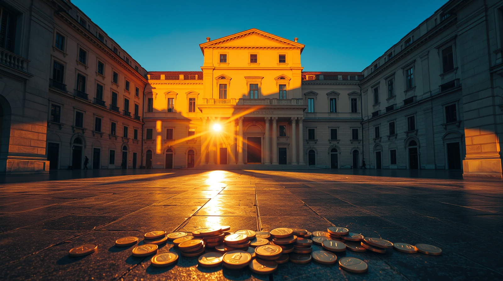 Scadenze fiscali del 30 giugno, palazzo ministeriale illuminato al tramonto con monete d'oro in primo piano