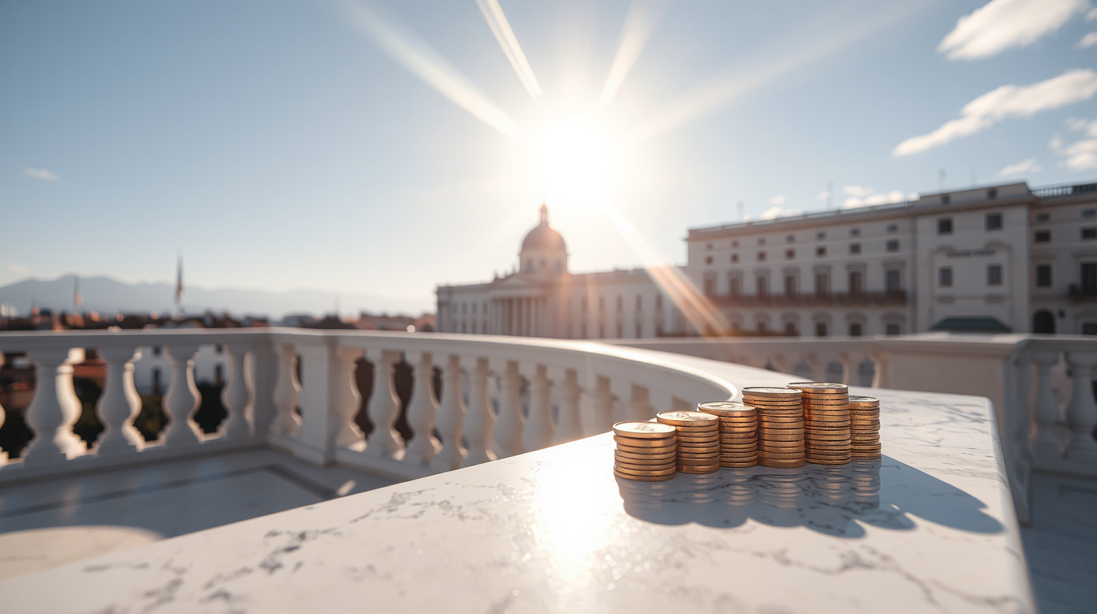 Assegno Unico estero, skyline business district con monete d'oro illuminate dal sole per l'estensione del beneficio ai figli Ue