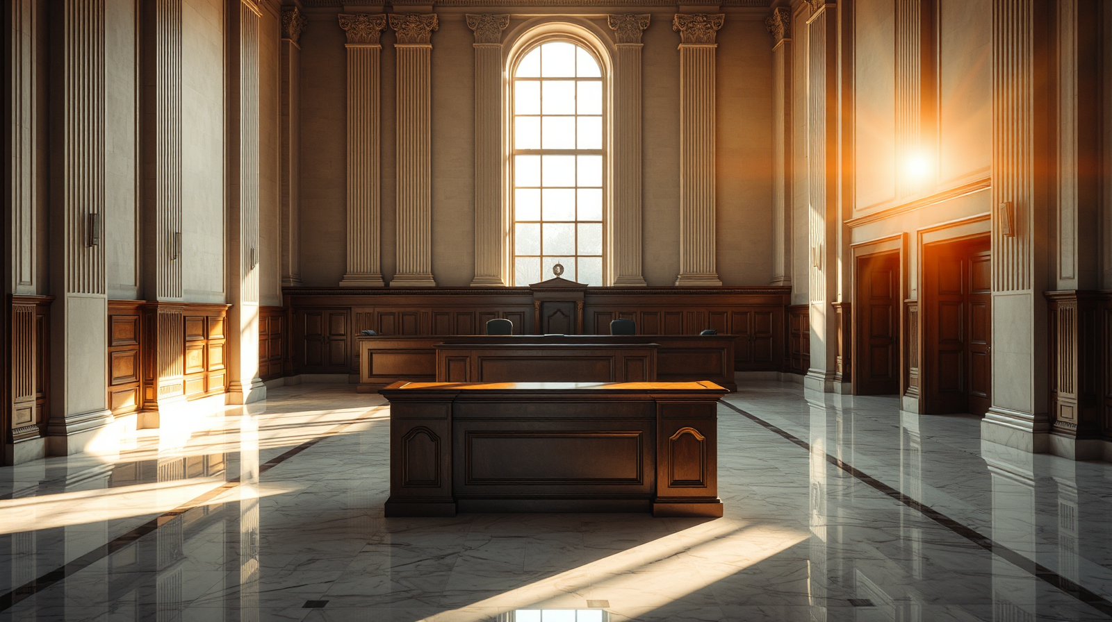 Aula moderna di tribunale tributario con luce naturale e monete d'oro, concorso per magistrati della giustizia fiscale
