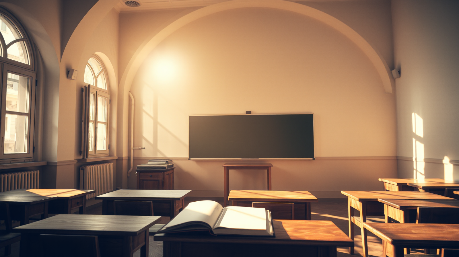 Aula scolastica italiana illuminata da luce solare dorata, pensioni scuola e limite di età per il personale