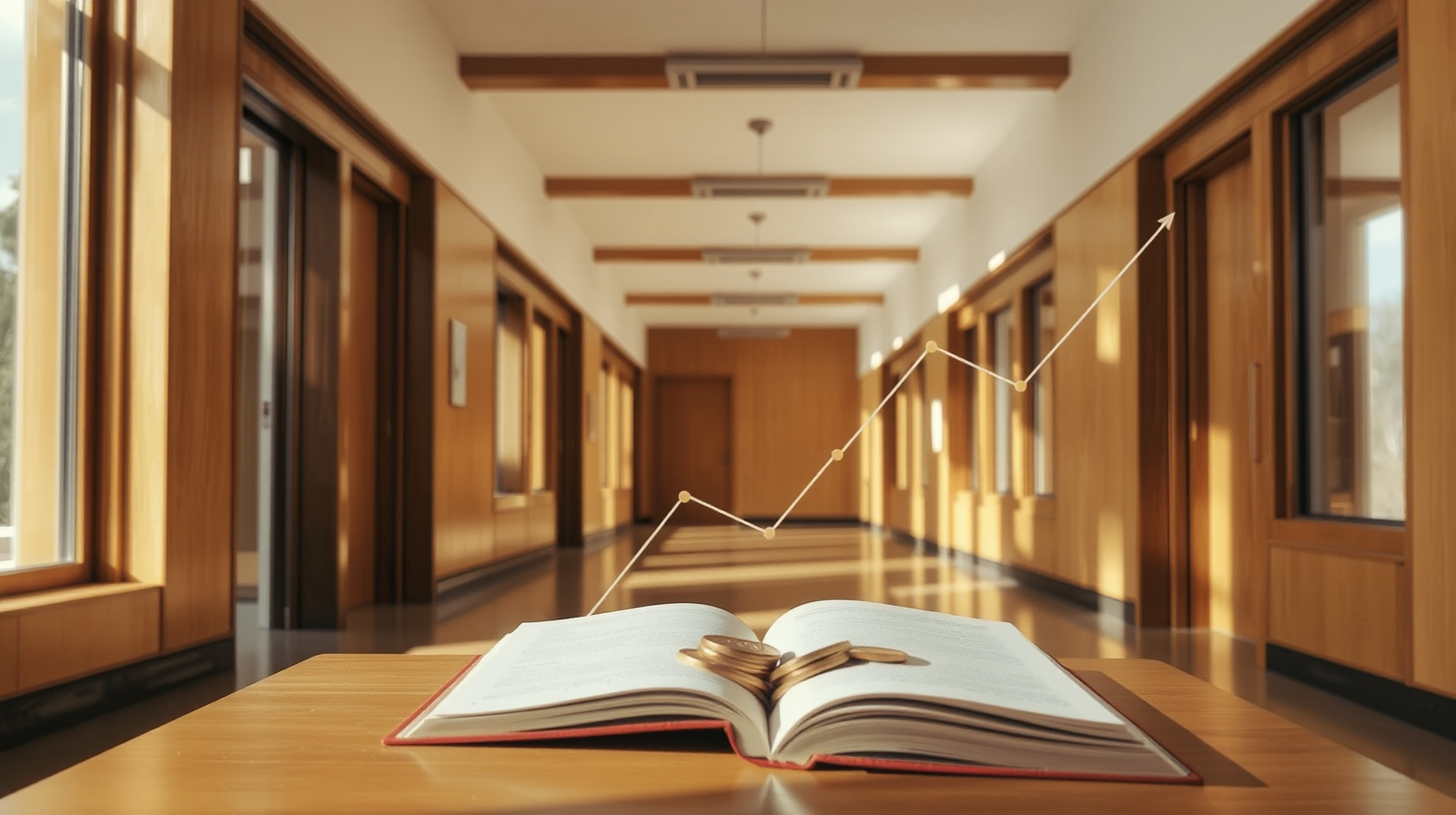 Aula scolastica moderna con banchi, libri aperti e monete d'oro, luce naturale, bonus scuole paritarie 2026