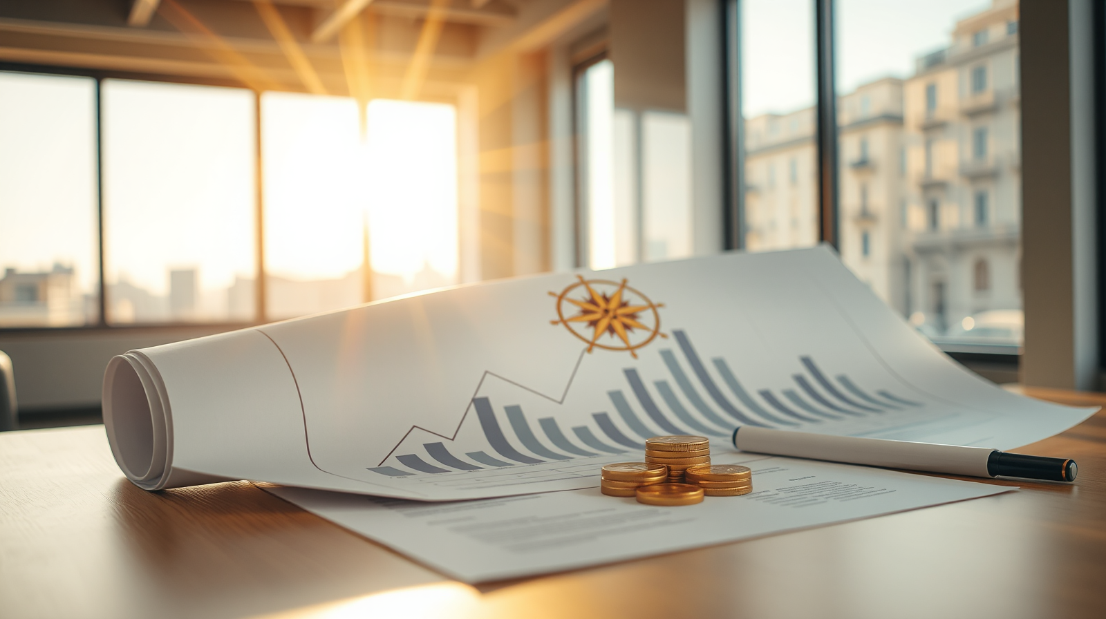 Blueprint e bussola su scrivania illuminata dal sole, archivio nazionale dei contratti aziendali e territoriali per la trasparenza salariale