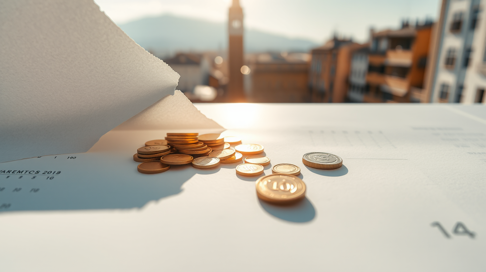 Calendario con pagina strappata e monete d'oro su sfondo skyline finanziario, rottamazione quinquies e scadenza fiscale