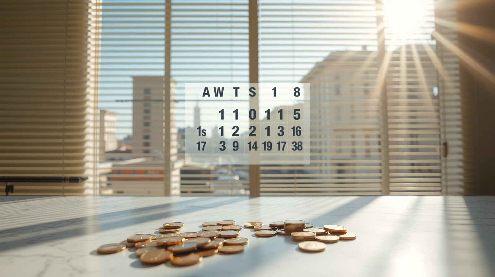 Calendario di agosto e monete d'oro su superficie in marmo, skyline di un distretto finanziario sullo sfondo, sospensione estiva degli adempimenti fiscali