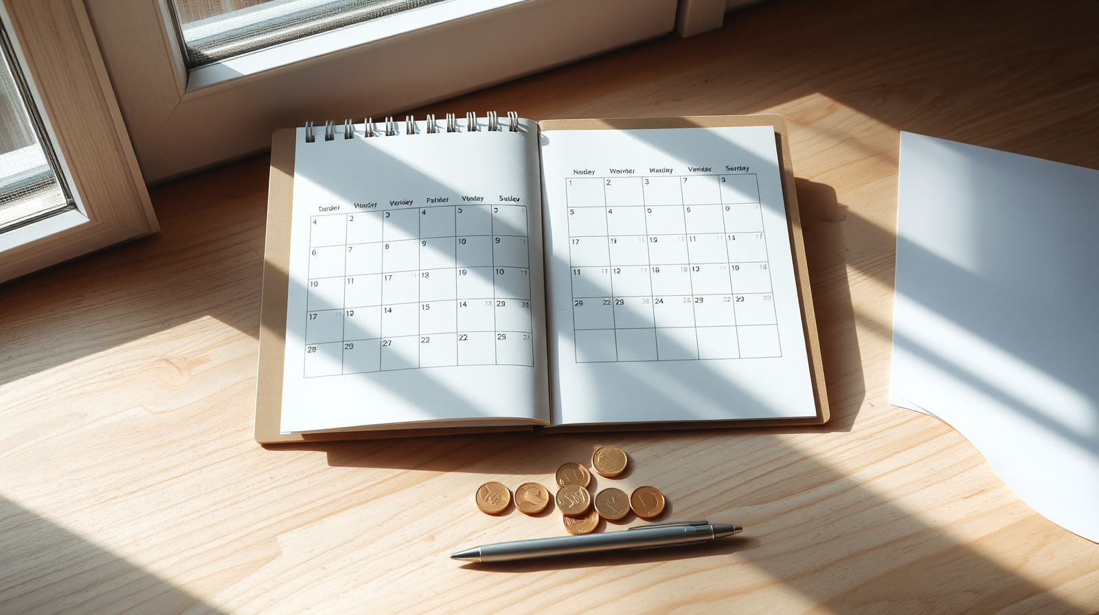 Calendario fiscale su una scrivania illuminata dal sole, monete d'oro e penna, scadenze tributarie di luglio 2026