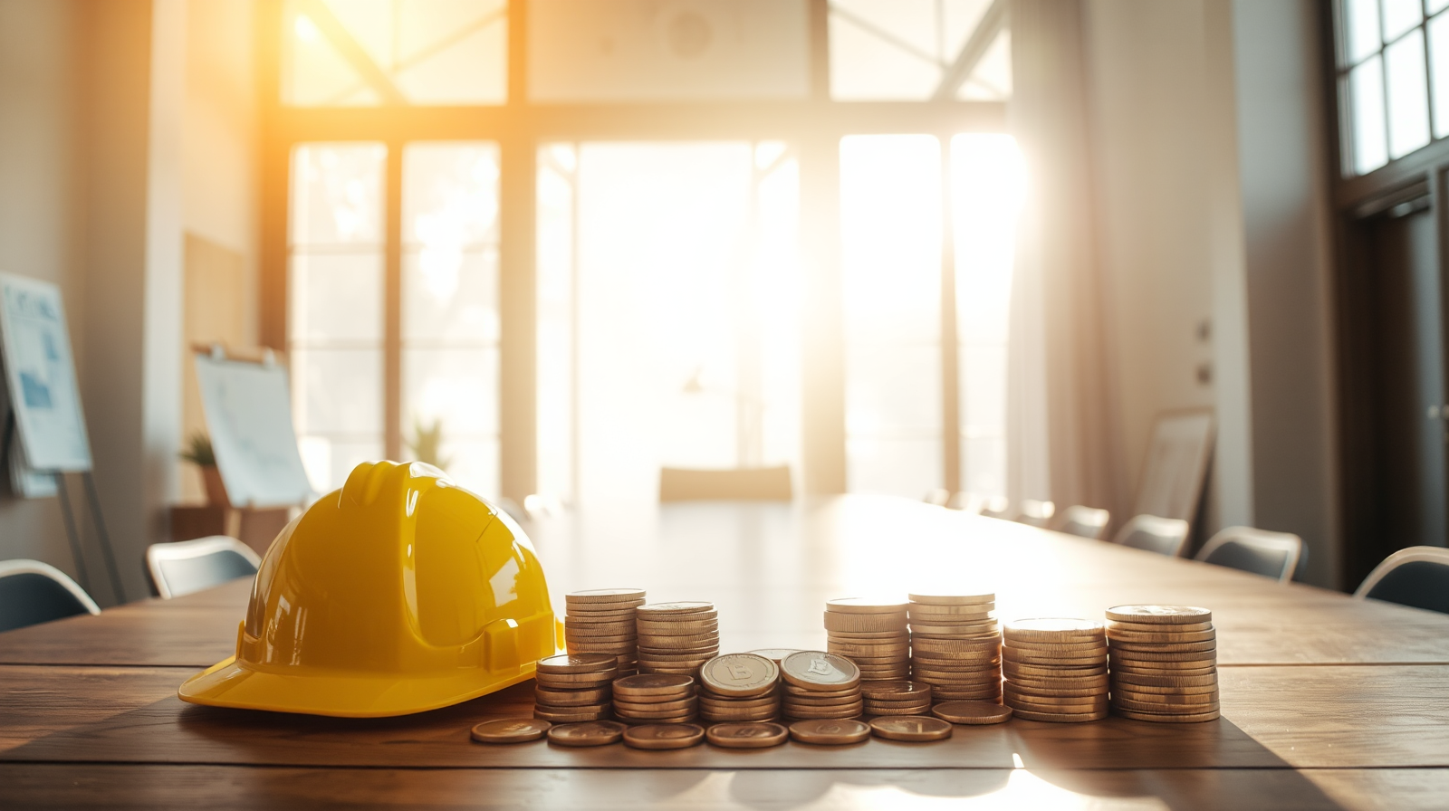Casco di sicurezza e monete d'oro su scrivania con grafico finanziario, rivalutazione premi INAIL per la copertura assicurativa dei lavoratori
