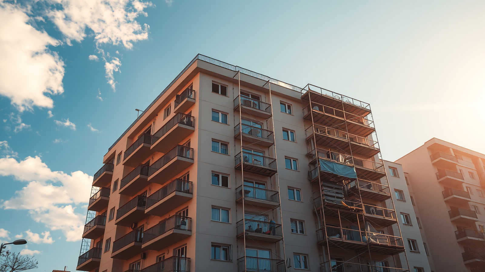 Condominio italiano in luce dorata con impalcatura in smantellamento, la fase finale del Superbonus 2026