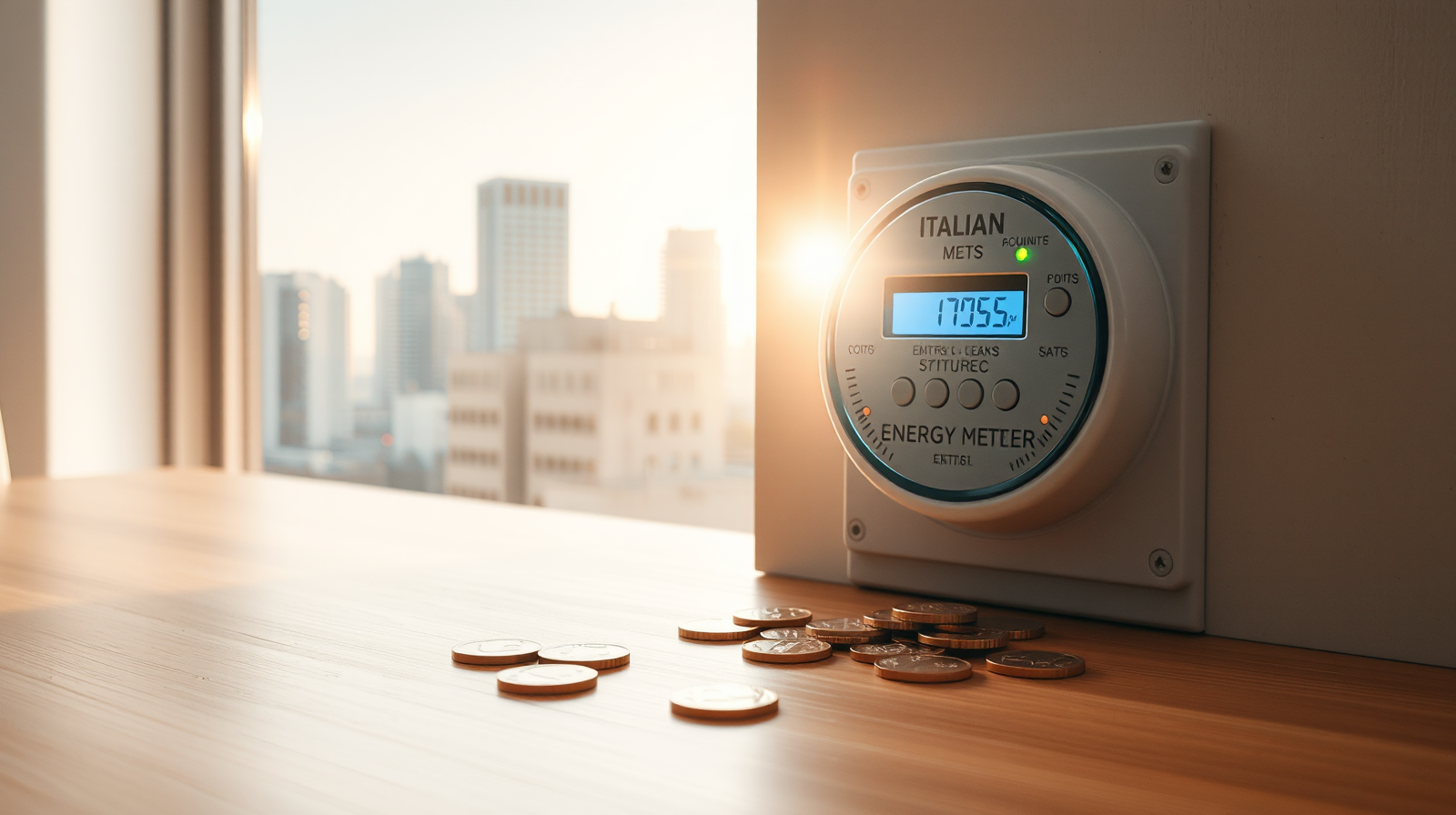 Contatore elettrico domestico con monete d'oro e skyline sullo sfondo, risparmio bollette energia e agevolazioni 2026