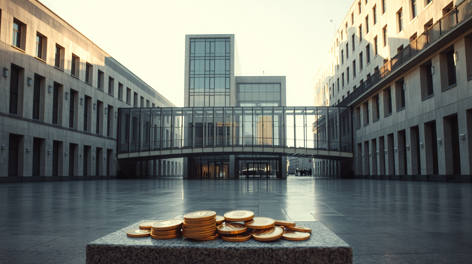 Edifici modernisti collegati da un ponte in vetro in una corte assolata, accordo bilaterale di sicurezza sociale Italia-Moldova