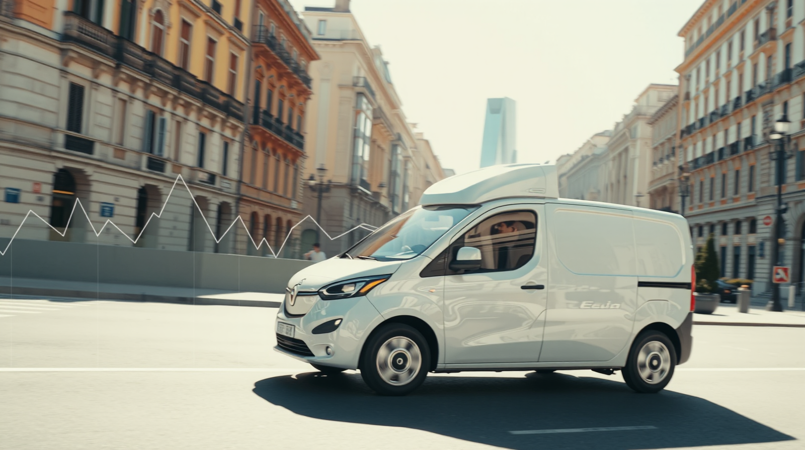 Furgone elettrico commerciale in strada assolata con skyline finanziario, ecobonus veicoli 2026