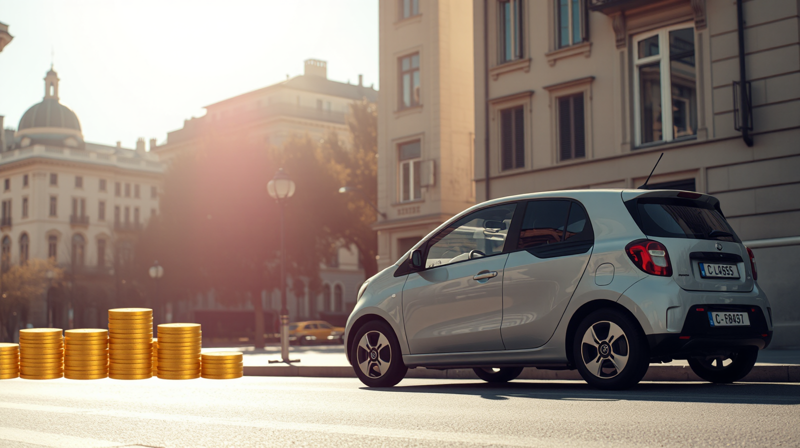 Macchina compatta moderna parcheggiata in una via assolata, simbolo del noleggio sociale auto a 100 euro al mese