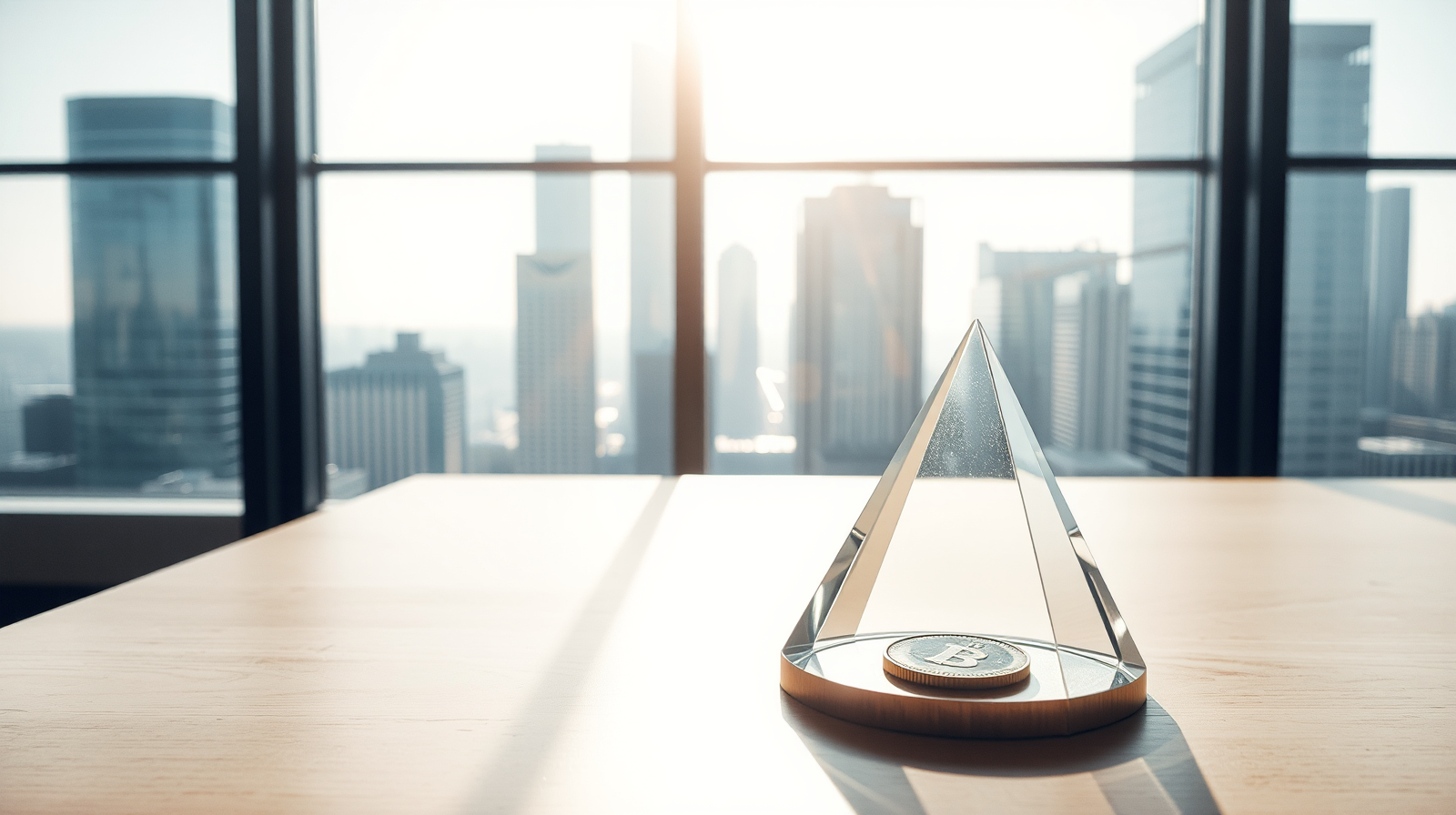 Moneta d'oro e architettura minimalista su scrivania illuminata, criptovalute e infrastrutture nel rischio fiscale dell'adempimento collaborativo