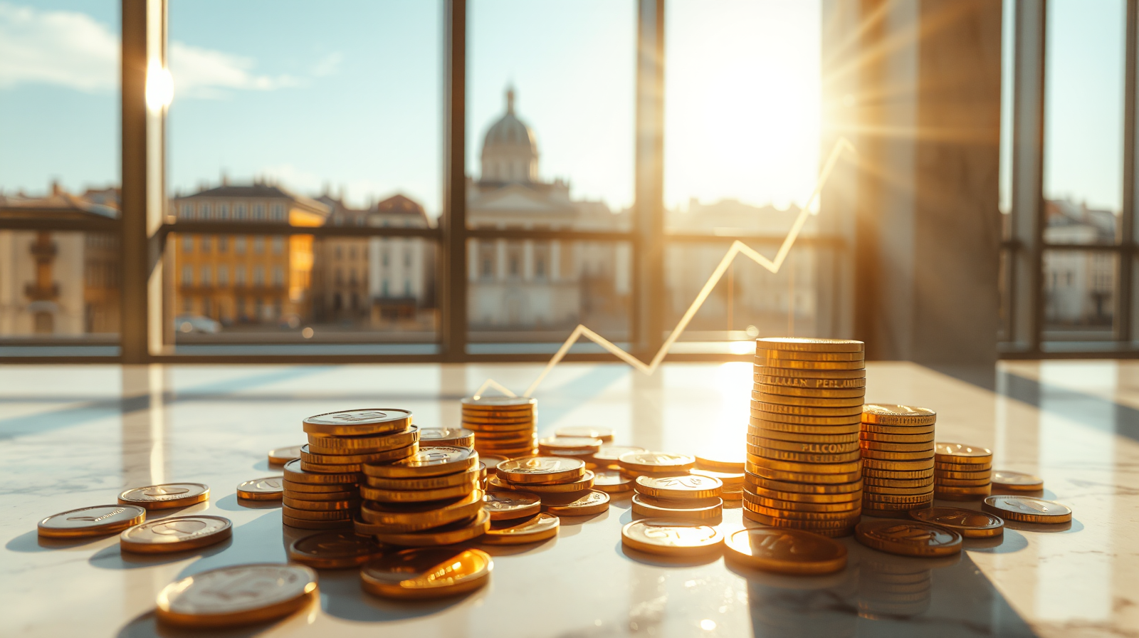 Monete d'oro e grafici finanziari luminosi su superficie chiara, fondi INPS riscoperti per sgravi contributivi