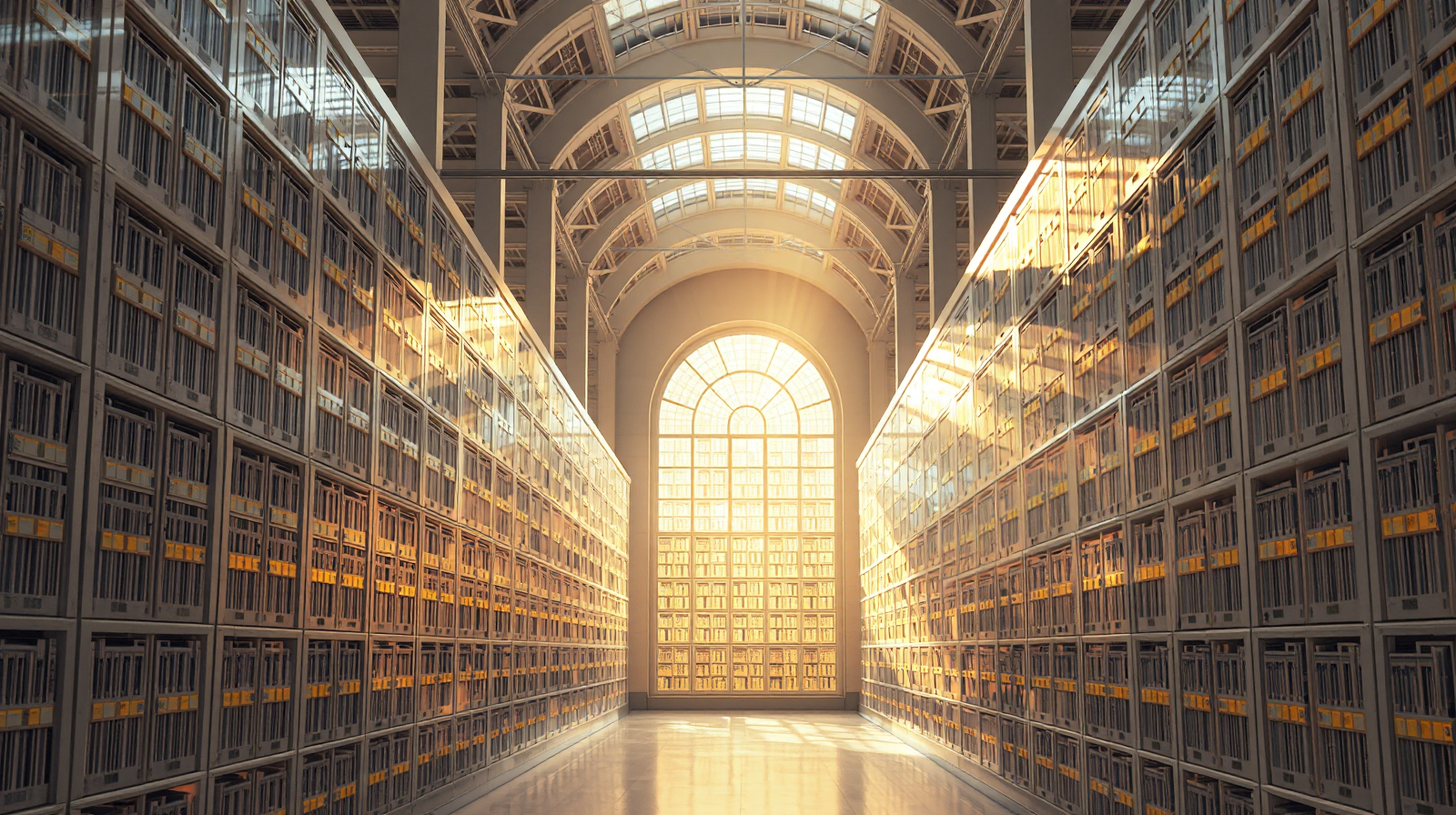 Registro centrale delle pensioni con scaffalature d'archivio e flussi di dati luminosi, infrastruttura del welfare italiano