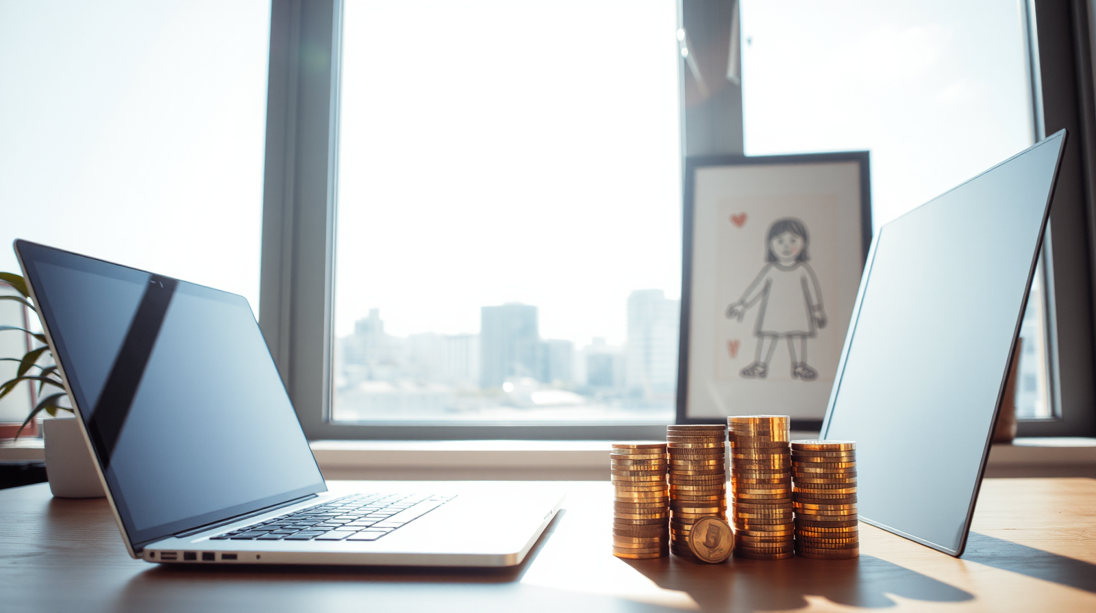 Scrivania moderna con laptop e monete d'oro e disegno infantile incorniciato sullo skyline cittadino, esonero contributivo per madri lavoratrici
