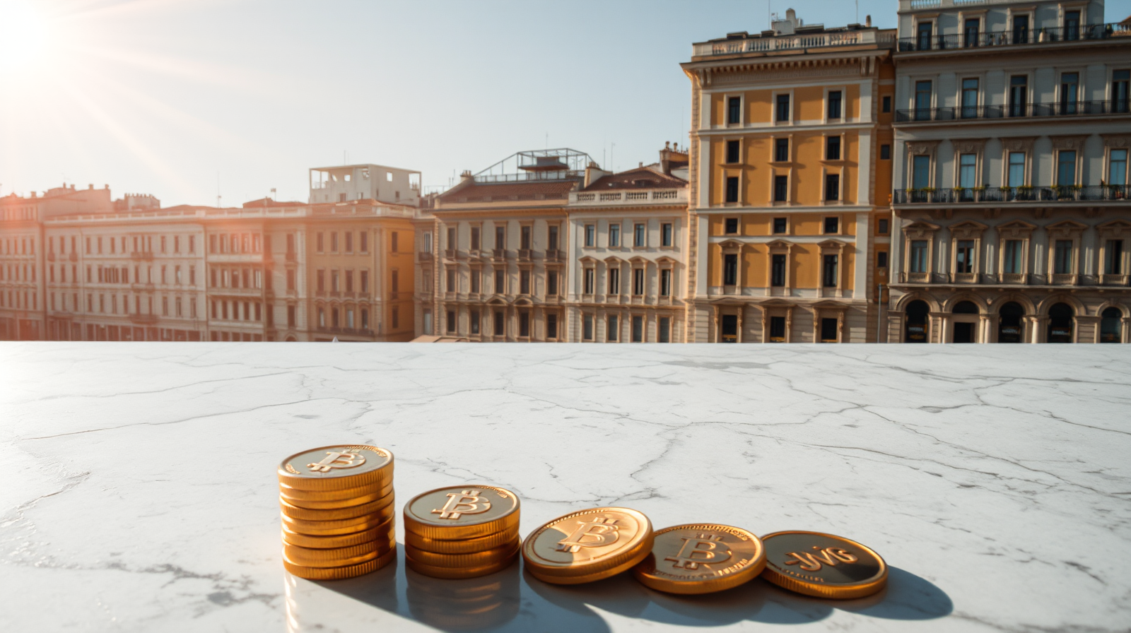 Split payment proroga al 2029, skyline finanziario e monete d'oro simboleggiano la proroga ridotta della deroga IVA italiana