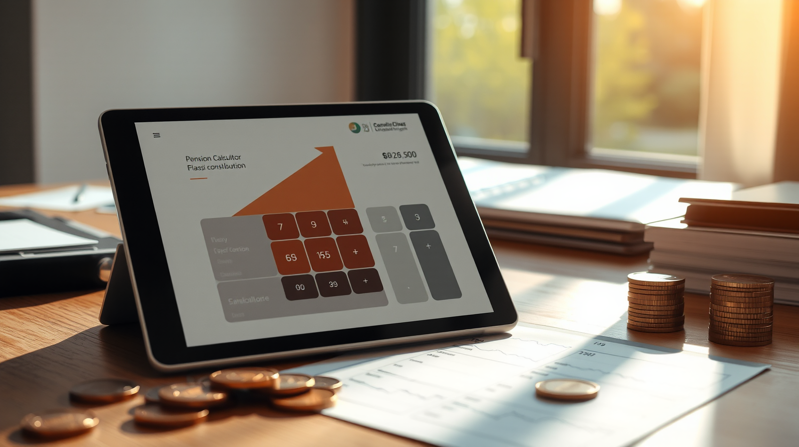 Tablet con calcolatore digitale e monete d'oro, contributi previdenziali INPS per artigiani e commercianti