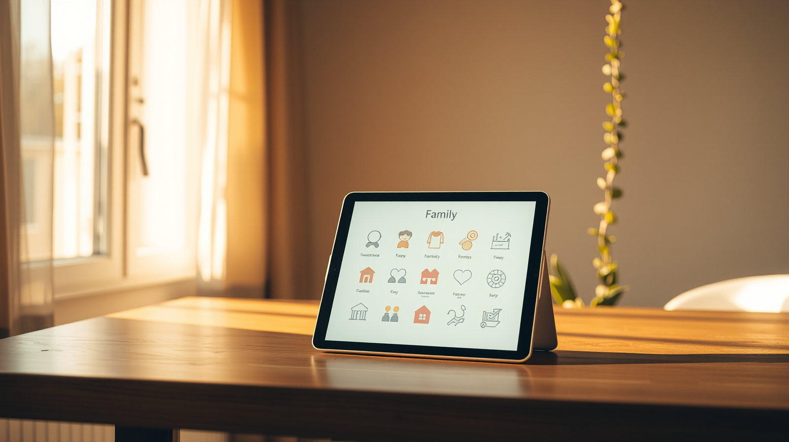 Tablet con icone familiari astratte e servizi digitali personalizzati per il nuovo Portale della Famiglia INPS