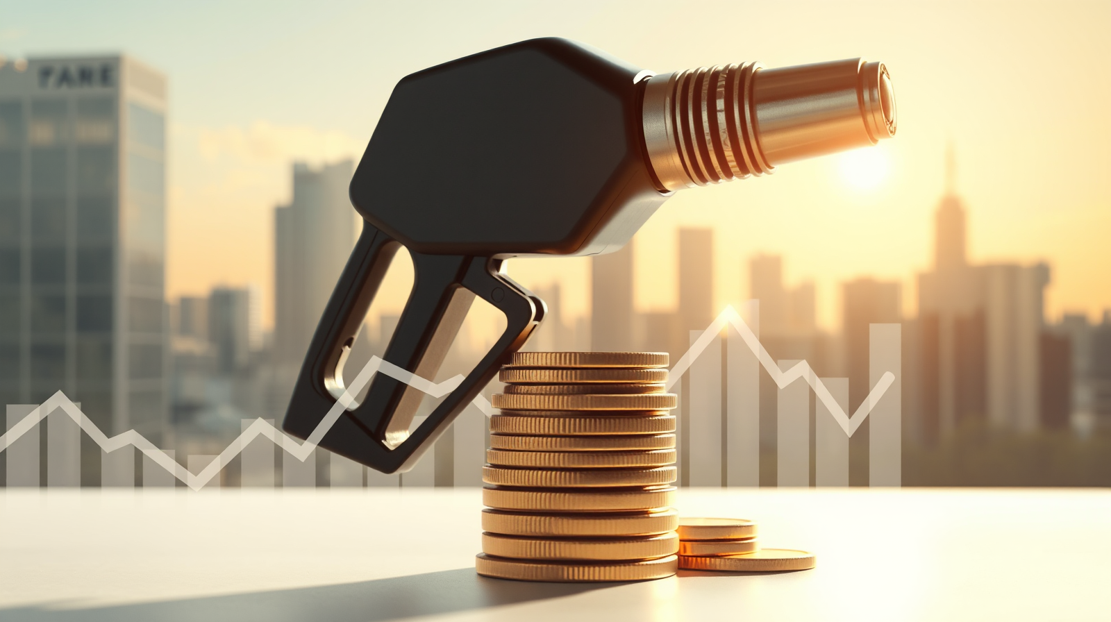 Erogatore di carburante con monete d'oro e grafici finanziari sullo skyline, proroga dello sconto sulle accise del diesel
