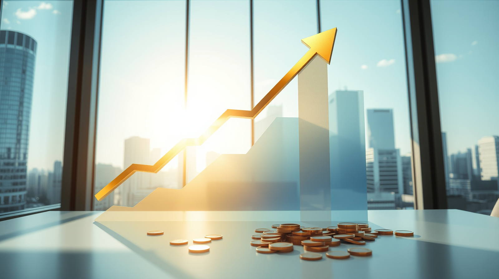 Linee di trend positive e monete d'oro su scrivania di ufficio, simbolo della riforma fiscale e del Concordato Preventivo Biennale