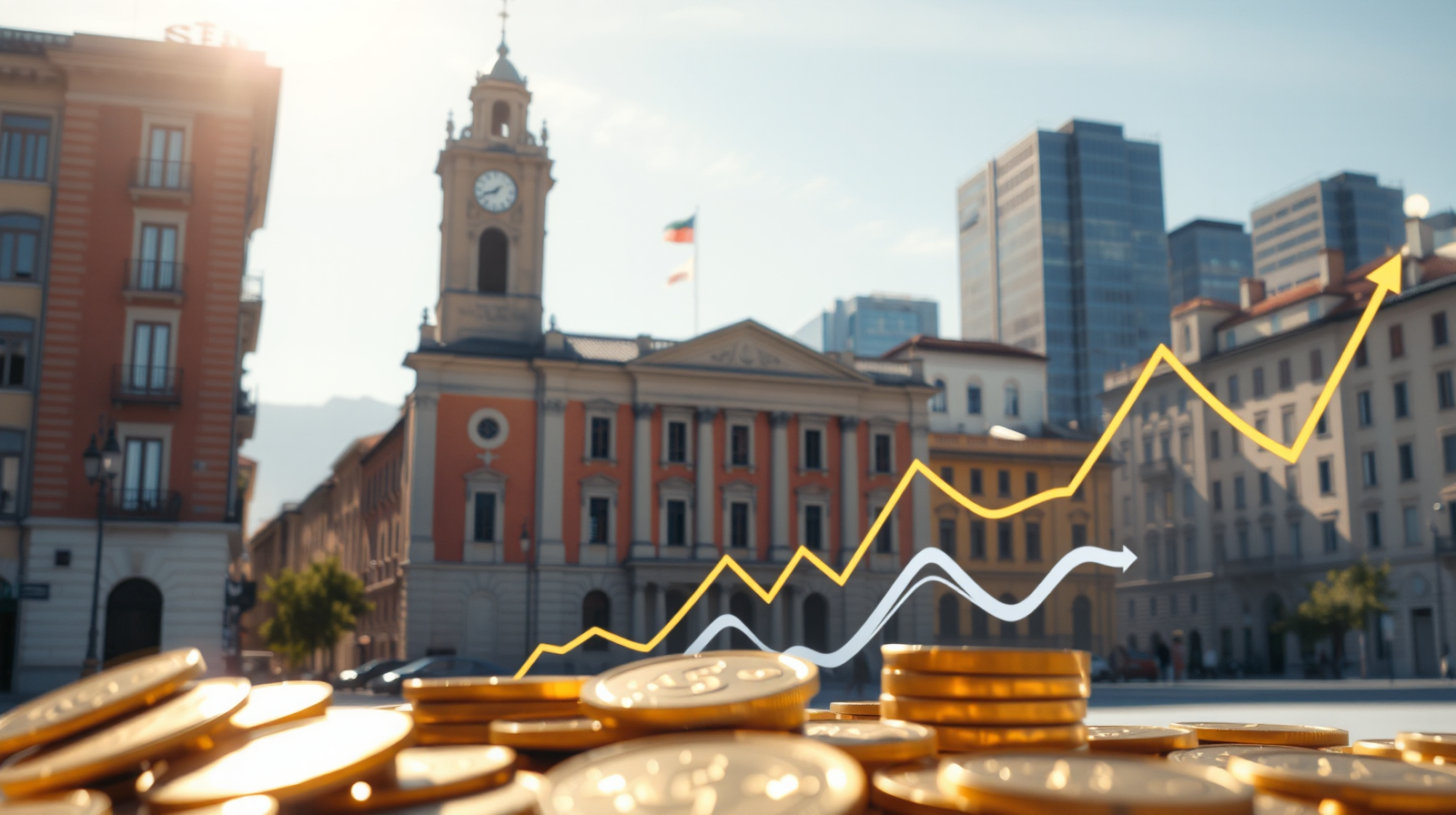 Municipio italiano con monete d'oro e grafici di tendenza, simbolo della riforma del fisco locale nei Comuni