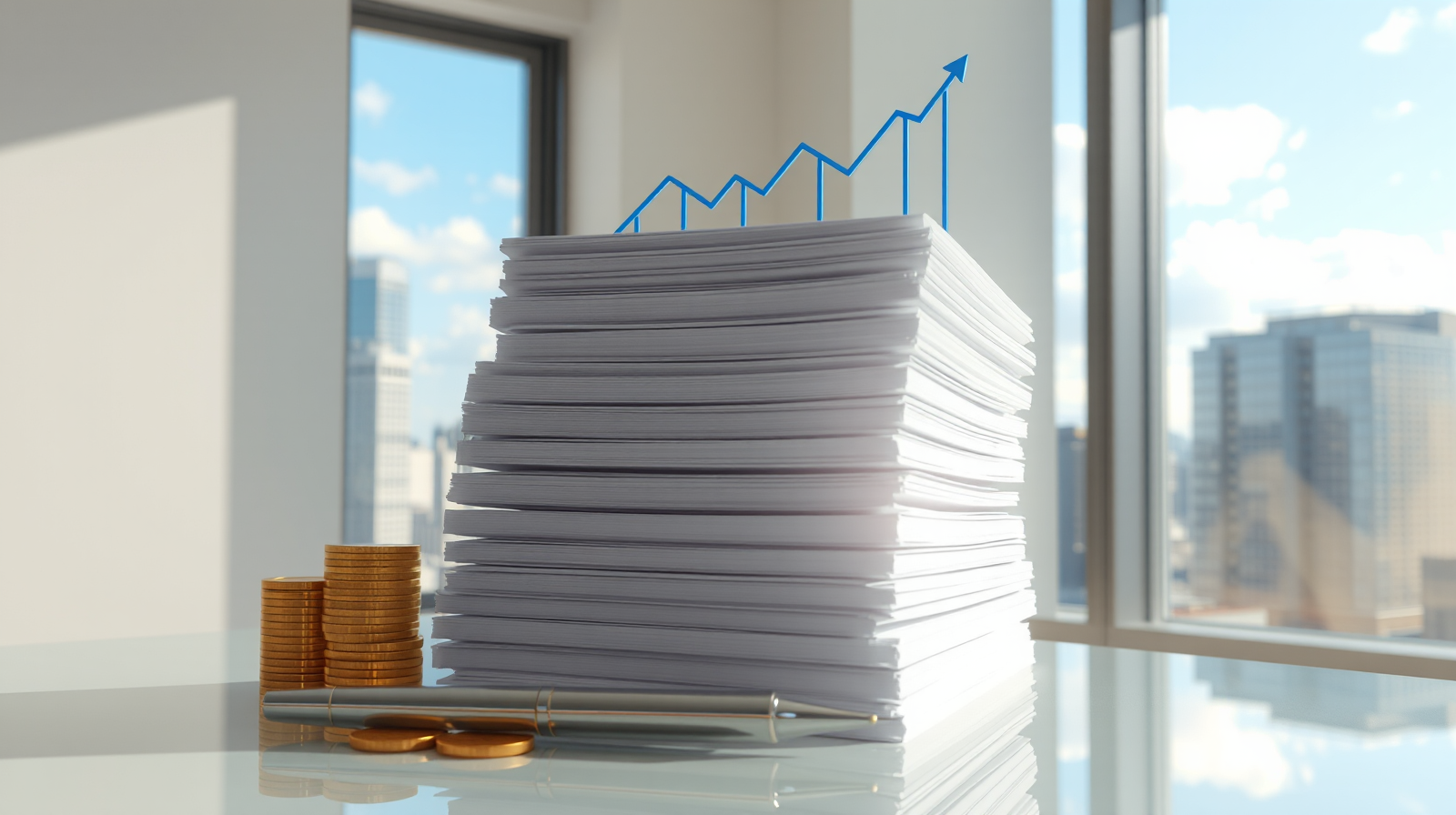 Pagine bianche ordinate su una scrivania davanti a uno skyline finanziario, monete d'oro, simbolo del Testo Unico fisco dal 2027