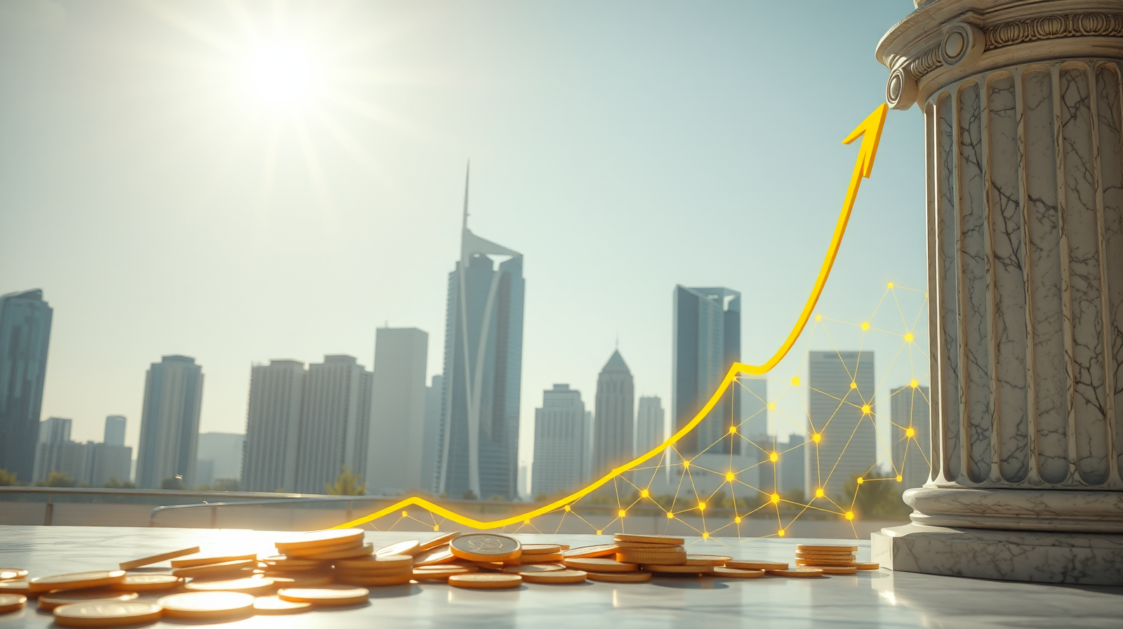 Skyline di un distretto degli affari con grafici in ascesa, simbolo della riforma delle professioni regolamentate