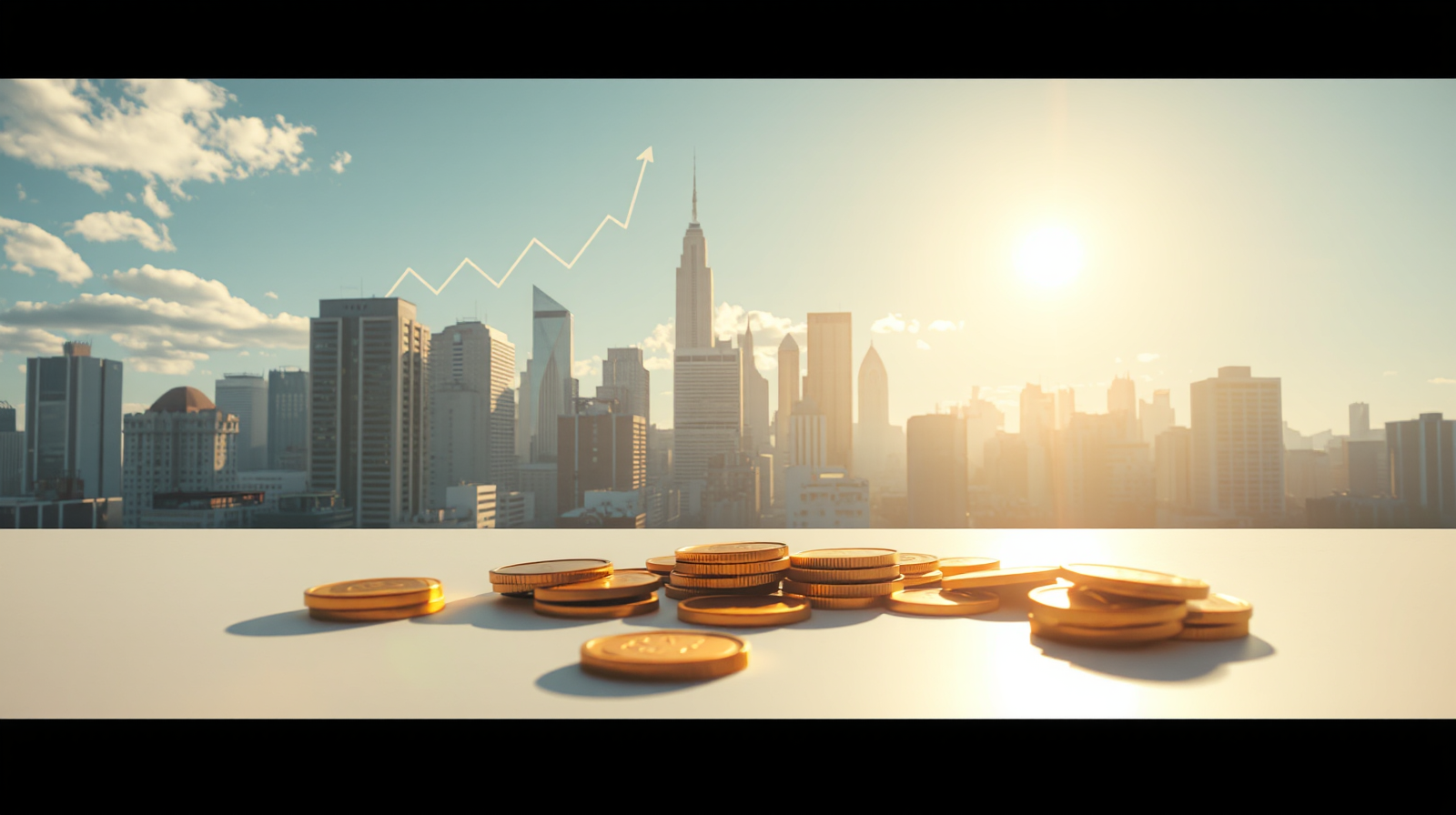 Skyline di un distretto degli affari con grafici in salita e monete d'oro, simbolo della riforma fiscale al capolinea