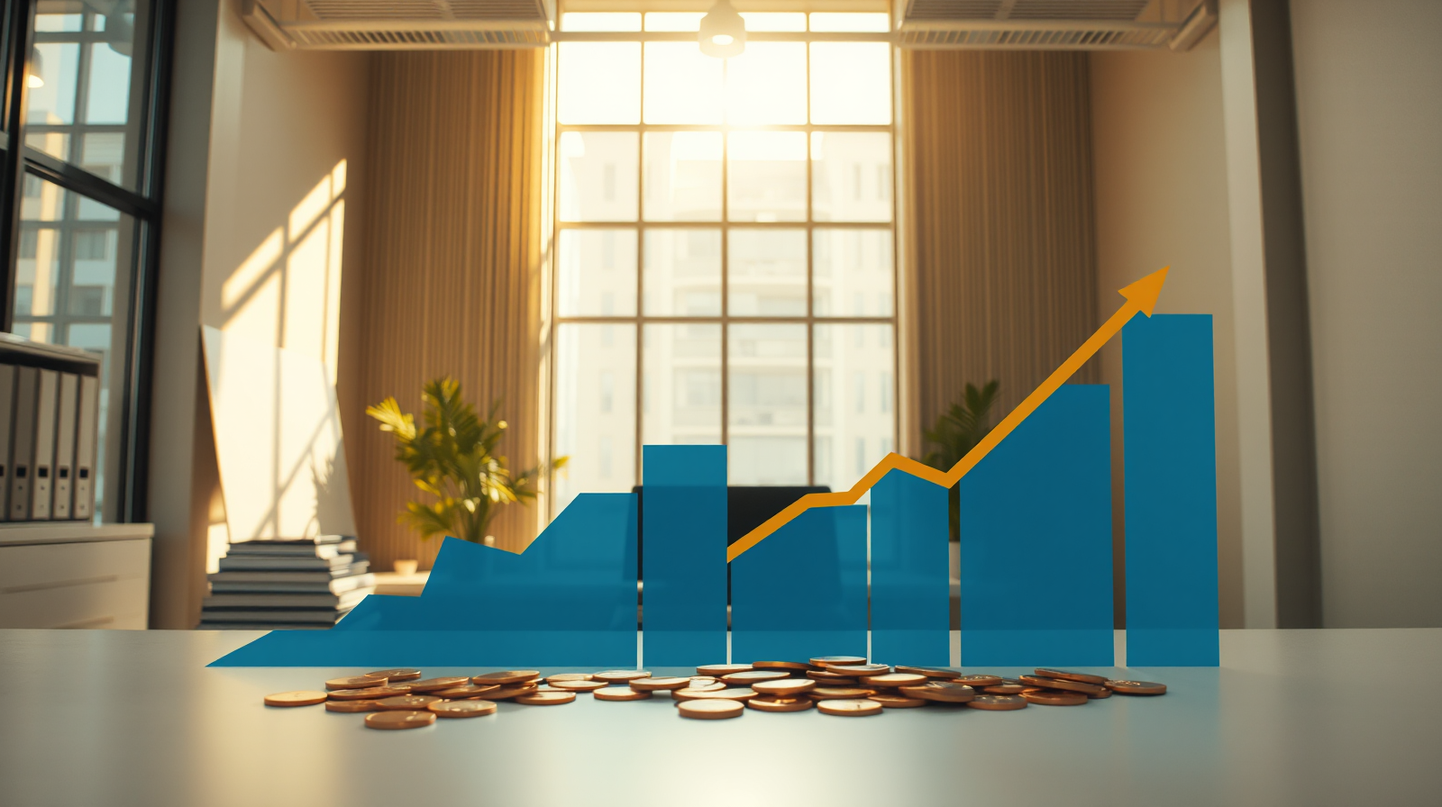 Scrivania amministrativa luminosa con trend finanziari, spazio di assistenza dell'Agenzia delle Entrate